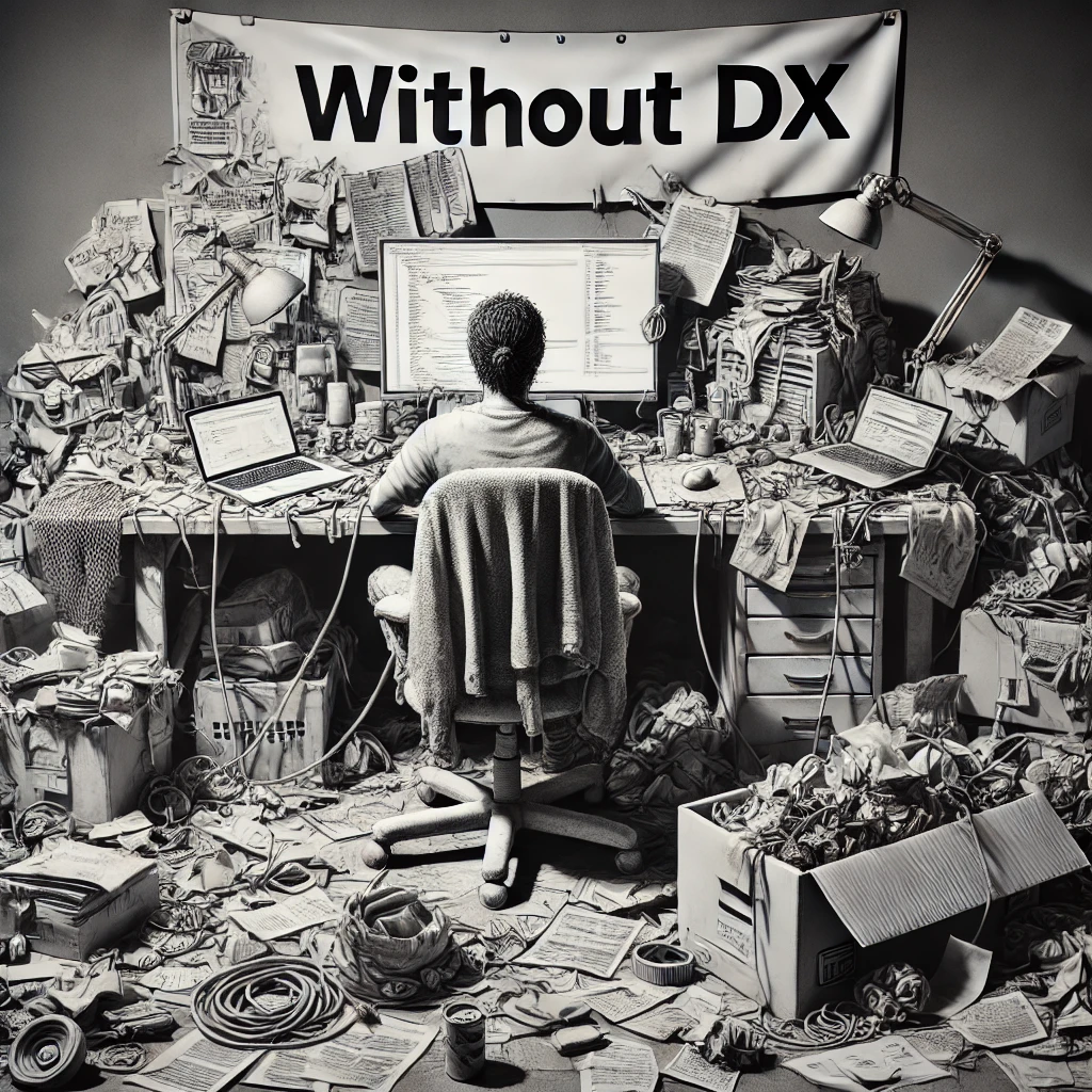 Complex development process without DevEx tools showing multiple
manual steps and scattered documentation